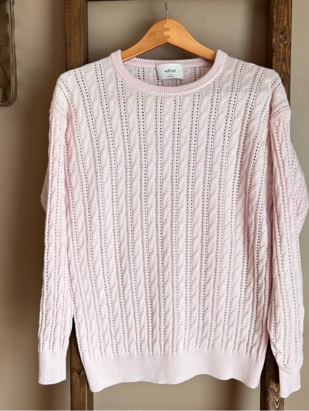 Wilfred Pale Pink Cable Knit Crewneck Sweater